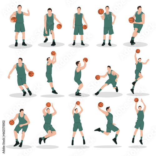 Vector illustration of 15 basketball player passing shooting skill collection set isolated on white background