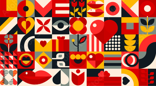 Valentines Day geometric bauhaus pattern. Love hearts vector background of romantic holiday geometry mosaic. Abstract bauhaus pattern with pink hearts, flowers, gifts and red lips, eyes and kisses