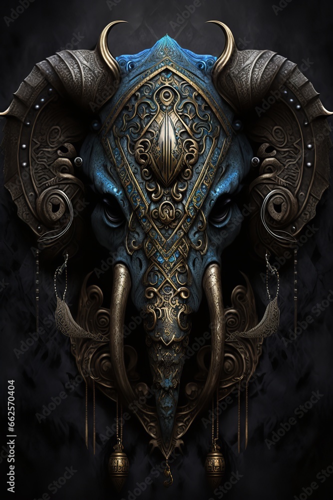 Blue and gold elephant head with horns and a shield on a black background. This striking digital art is a powerful symbol of protection, strength, and wisdom. Blue and gold elephant head with horns and a shield on a black background. This striking digital art is a powerful symbol of protection, strength, and wisdom.