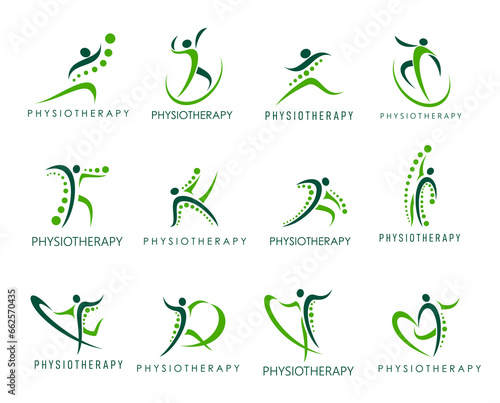 Physiotherapy icons. Spine, back pain, body health, chiropractic massage, therapy. Vector physical and orthopedic rehabilitation. Abstract human figure symbols of chiropractor, physiotherapist clinic