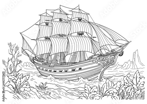 Sunken ancient ship. Coloring page of a ship with sails.