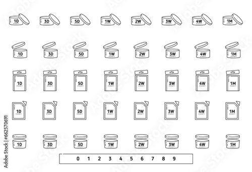 PAO period after opening vector symbols. Shelf life of cosmetic or food products, best before marks set with expiration dates from 1 day to month. Product packages, opened lids and packs signs, PAO