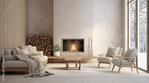 Modernes Wohnzimmer mit beigen und weißen Möbeln, mit Kamin und großen Fenstern im Winter, leere Wand für Bild, skandinavischer Einrichtungsstil