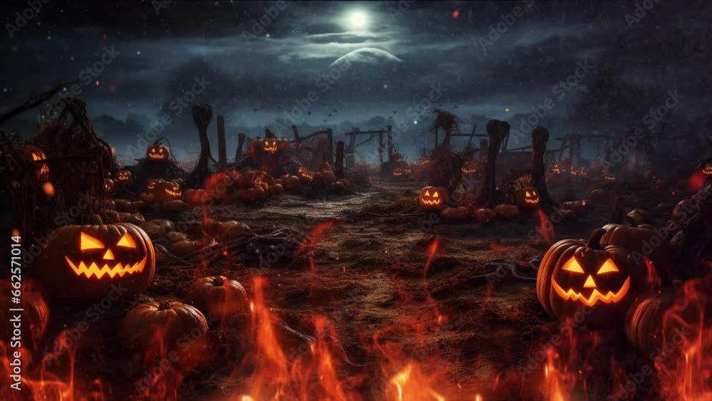 Champs de citrouilles effrayante en feu au crépuscule