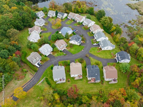 aerial drone view of residential houses in suburban community