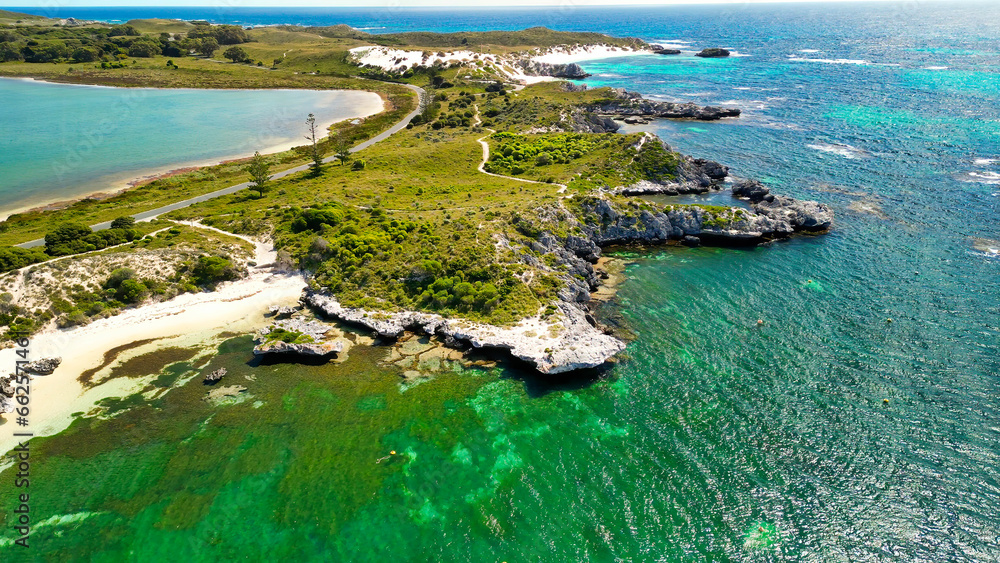 Geordie Bay Beach and Lakes in Rottnest Island, aerial view