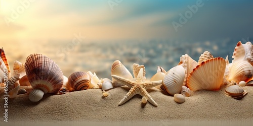 Shells and starfish on sandy beach. Under sun summer day. Seashore serenity. Relaxing by ocean waves. Tropical tranquility. Vacation frame