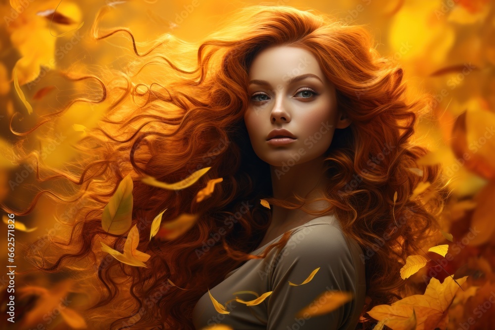 Falling Tresses: Red-Haired Woman Surrounded by Vibrant Autumn Leaves