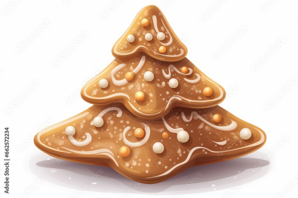 Gingerbread Christmas Tree Cookie, cartoon style, on white background. AI generated