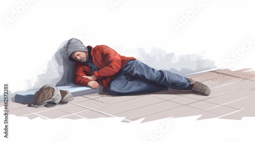 Homeless man is sleeping on the footpath. Homelessness problem illustration vector.
