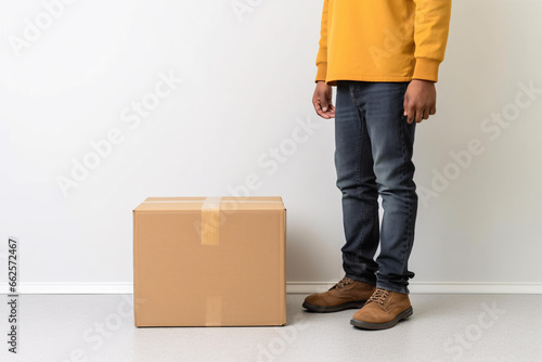 Deliveryman standing next to cardboard parcel box giving fast delivery service, transportation and logistics concept.