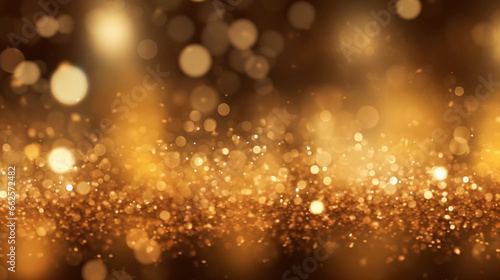 Gold sparkle glitter scatter in the air and bokeh, luxury and festive backdrop, romantic wallpaper, celebration concept abstract background. 