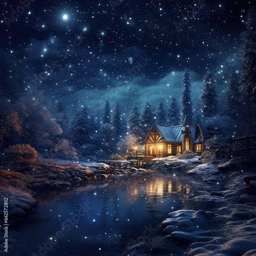Capture the essence of a winter fairytale with a starry sky overhead, Generative Ai