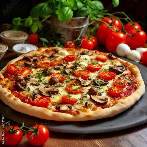 Pizza with mushrooms, tomato and basil 