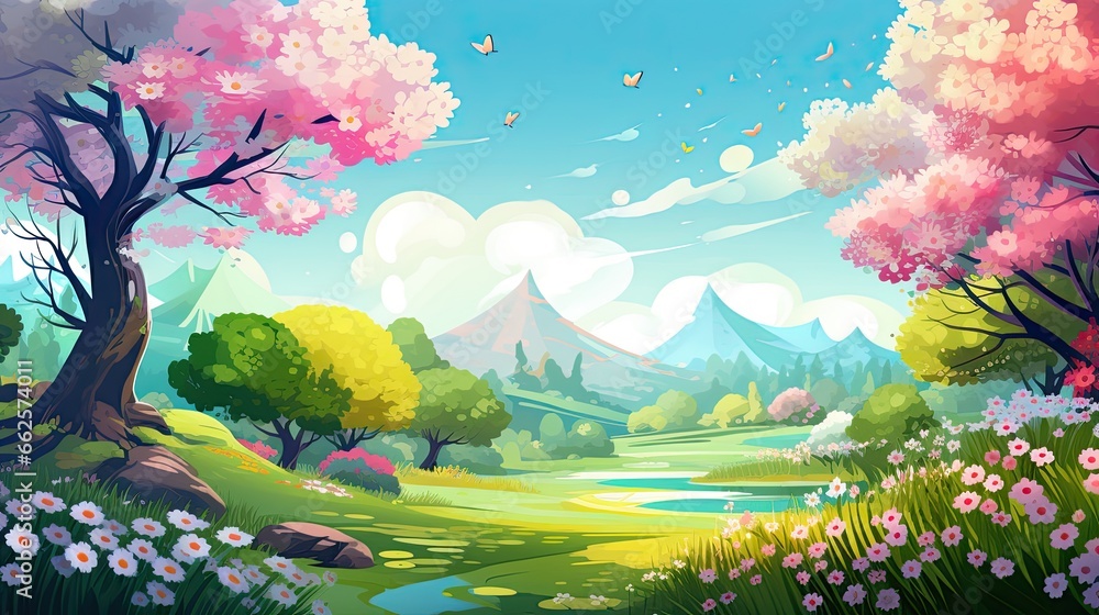 Panorama of spring summer beautiful nature, green grasslands meadow, landscape background illustration.