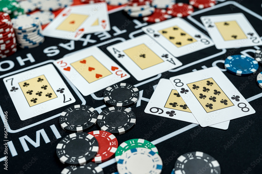 Poker hight combination with play card and chips on casino club Poker hight combination with play card and chips on casino club