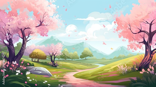 Panorama of spring summer beautiful nature  green grasslands meadow  landscape background illustration.