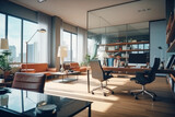 Spacious bright interior of an office or study with sofas and work tables and large windows