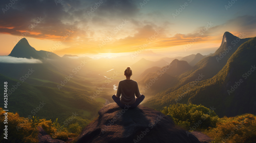 Young person meditating at dawn