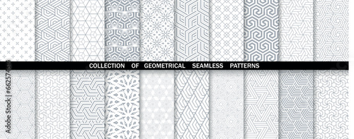 Geometric set of seamless gray and white patterns. Simple vector graphics.