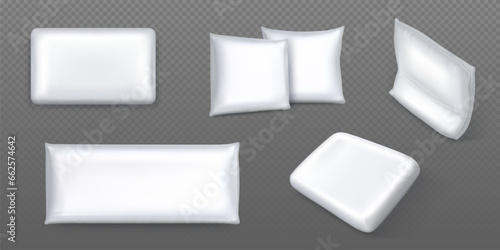 Realistic white pillows set isolated on transparent background. Vector illustration of square and rectangular cushion mockups, bedroom interior design elements, healthy sleep and bedtime comfort items