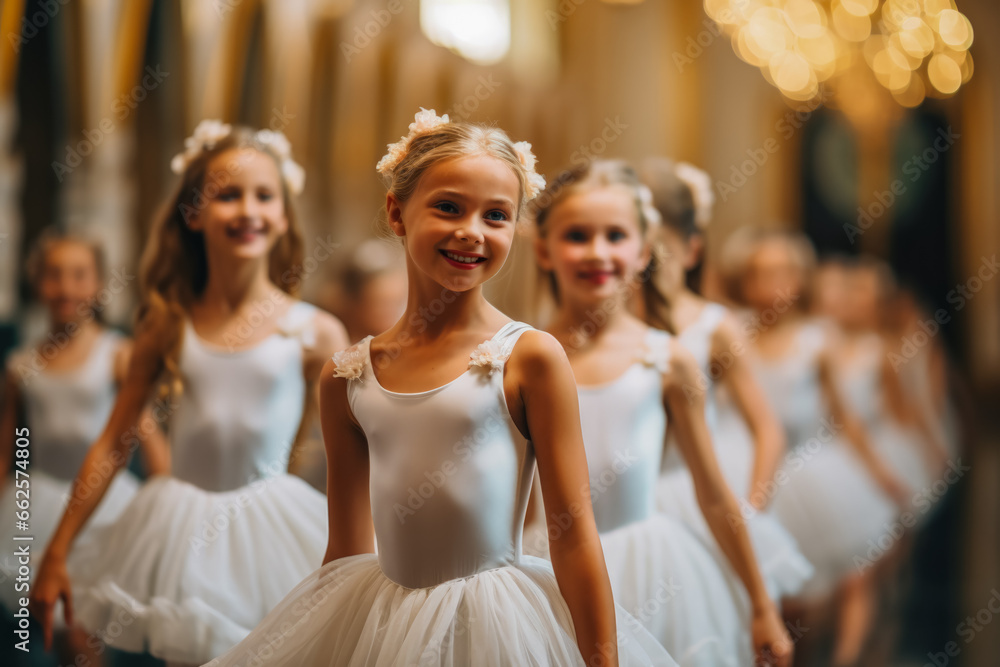 A classroom of aspiring young ballerinas gracefully dancing in unison  - obrazy, fototapety, plakaty 