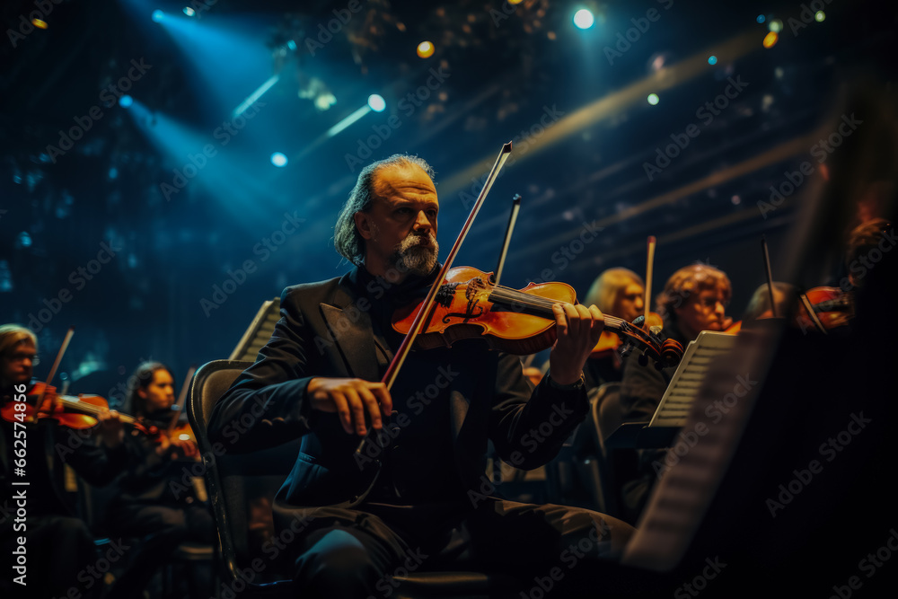 Musicians passionately playing their instruments in the theater's grand orchestra 