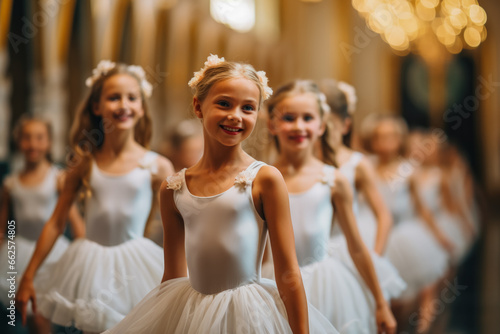 Fototapete A classroom of aspiring young ballerinas gracefully dancing in unison