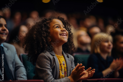 A talented child actor taking a final bow eliciting a standing ovation from the audience  photo