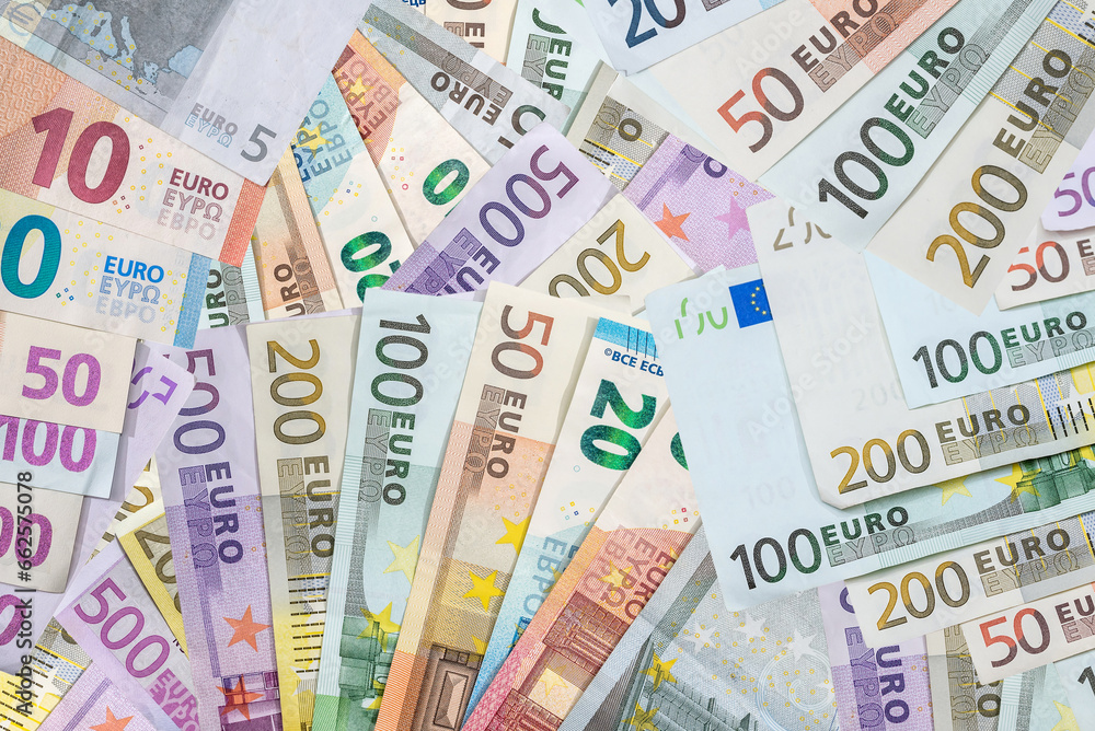 Flat lay of euros banknotes, lot of EU money. Flat lay of euros banknotes, lot of EU money.