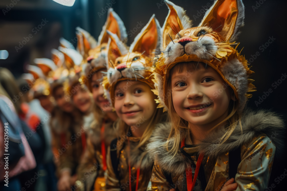 Young actors dressed in adorable costumes eagerly awaiting their cues backstage 