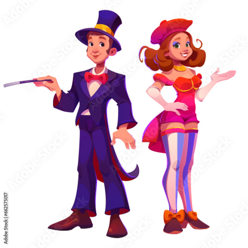 Carnival circus performer magician people cartoon. Artist in costume icon set. Cirque comedy entertainment isolated on white background. Happy female and male amusement comedian png collection