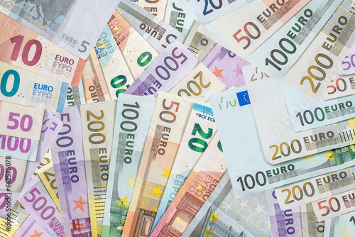 Flat lay of euros banknotes, lot of EU money.