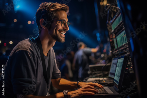 Stage manager communicating cues to the tech crew during a live performance 