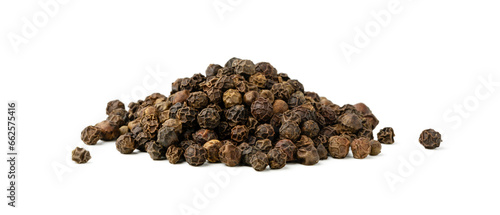 Pile of black peppercorns isolated on white background