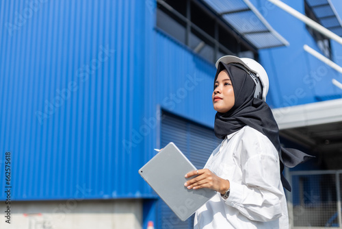 asian muslim woman industrial engineer in uniform wearing safety hard hat using tablet checking containers loading. Area logistics import export and shipping cargo freight ship.