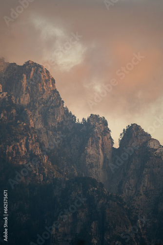 Sunset in the Albanian Alps near Theth. Red illuminated mountains.