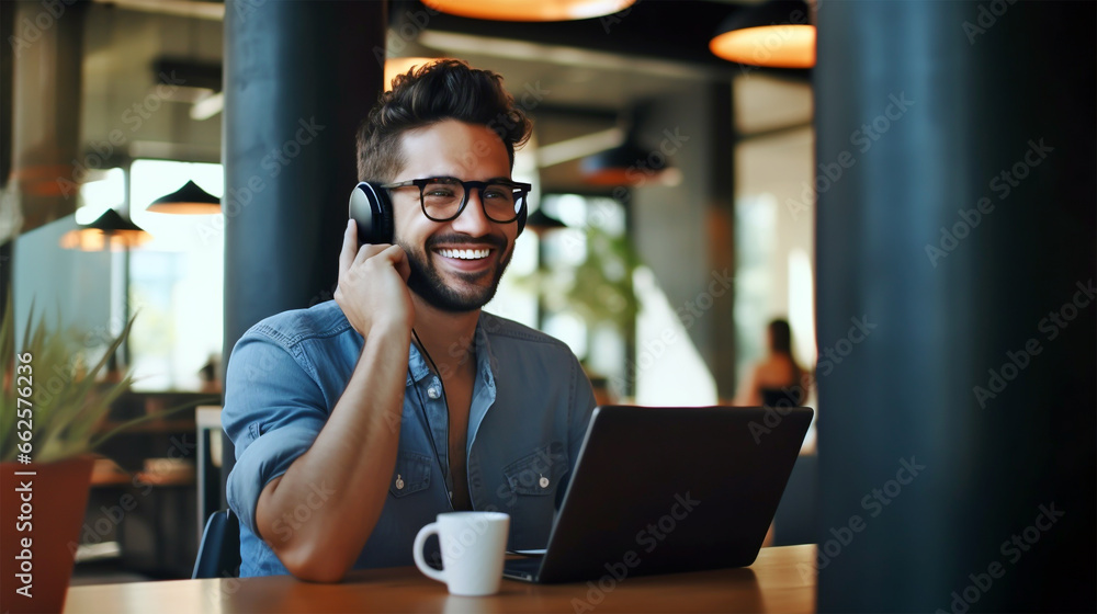 Obraz premium FRIENDLY CREATIVE FREELANCER HOLDING VIDEO CONFERENCE WITH CLIENTS. image created by legal AI
