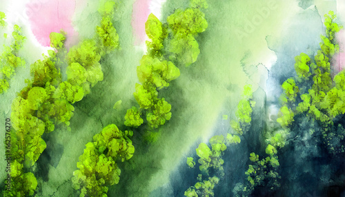 Abstract watercolor paint of aerial top view landscape green forest and blue lake river in concept  nature, environment. photo