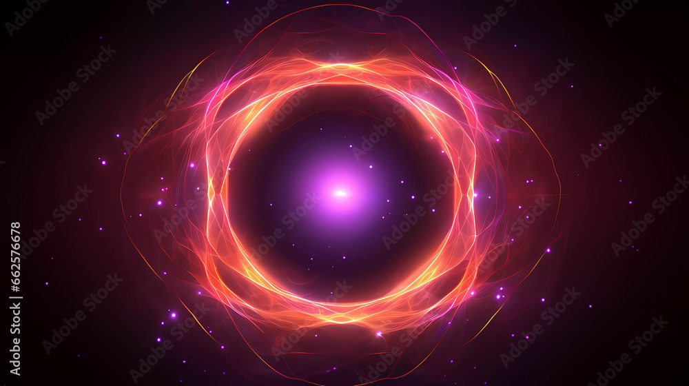 Obraz premium Background techno art circle swirling purple, pink, magenta and orange neon lights colour on a black background. Lights and colour effects for poster, background, and template.