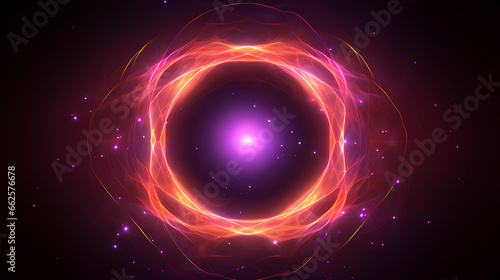Background techno art circle swirling purple, pink, magenta and orange neon lights colour on a black background. Lights and colour effects for poster, background, and template.