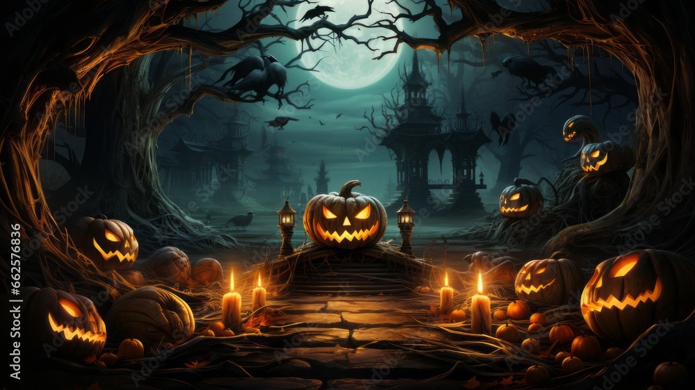 Halloween pumpkin background. Pumpkin head lantern with burning candles.