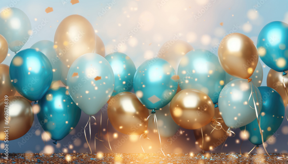 Beautiful Festive Background with Gold and Blue Balloons Beautiful Festive Background with Gold and Blue Balloons