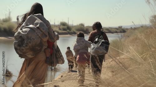 Juarez, Chihuahua, Mexico, 04-04-19 group of women carrying their children cross the Rio Grande to try to cross the border into the United States © Muqeet 