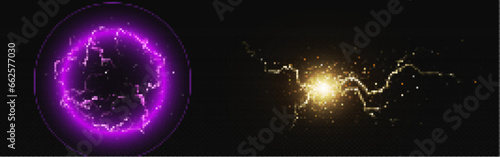 Lightning strike effects isolated on transparent background. Vector realistic illustration of purple and yellow round and abstract electric energy flashlight, magic power strike, thunderstorm impact