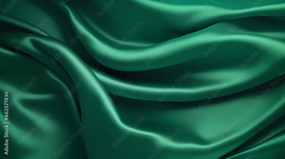 Royal green silk satin fabric with wavy and folding patterns. Abstract background for luxury cloth or liquid wave or wavy folds. Beautiful soft wavy folds on shiny fabric. 