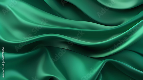 Royal green silk satin fabric with wavy and folding patterns. Abstract background for luxury cloth or liquid wave or wavy folds. Beautiful soft wavy folds on shiny fabric. 