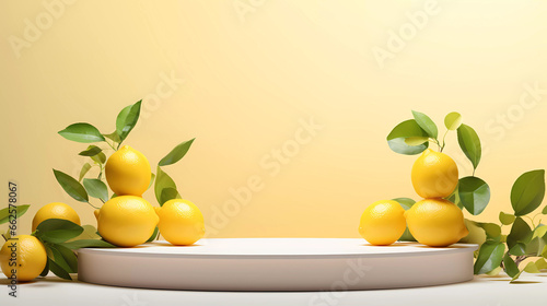 Empty podium on light architectural background surrounded by lemons or citrus fruits, minimalist style for product brand presentation. Advertising cosmetic and drinks from citrus or lemon 