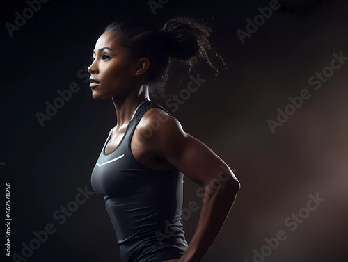 A side profile and half body photography of a young female running athlete on black background. Runner concept with copy space.
