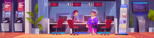 Bank manager talking to senior client in office. Vector cartoon illustration of employee and senior woman in room with atm, electronic queue equipment, computers on desks, banking services, crediting